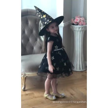 2019 New Autumn Kids Girls Halloween Cosplay Dresses With Witch Hat Baby Girl Star Party Dress Pearl Beading Lace Ball Gown